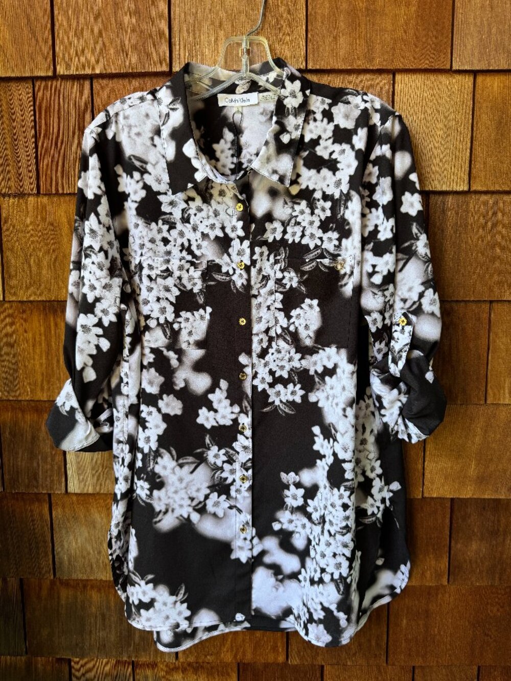 NWT Calvin Klein Black and White Floral Print Long Sleeve Blouse Women's Large